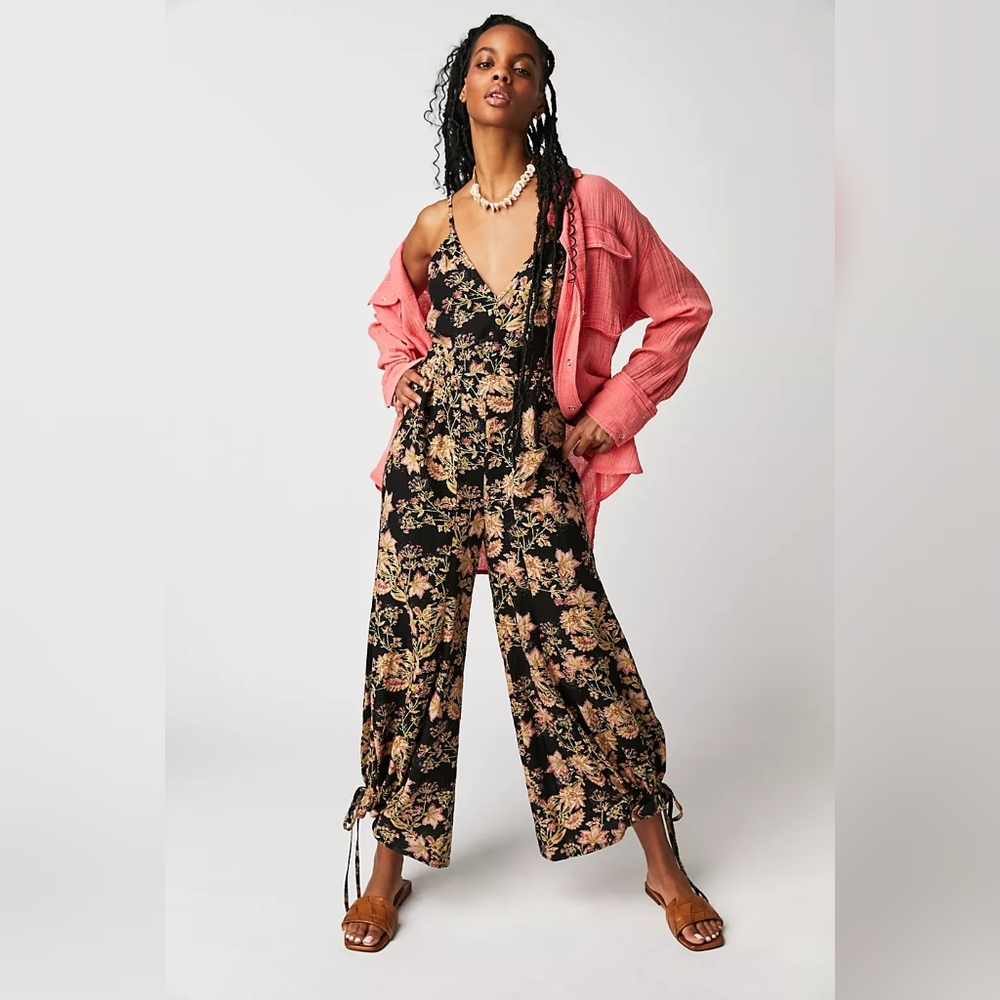 Free People Black Floral Tie-Hem Jumpsuit